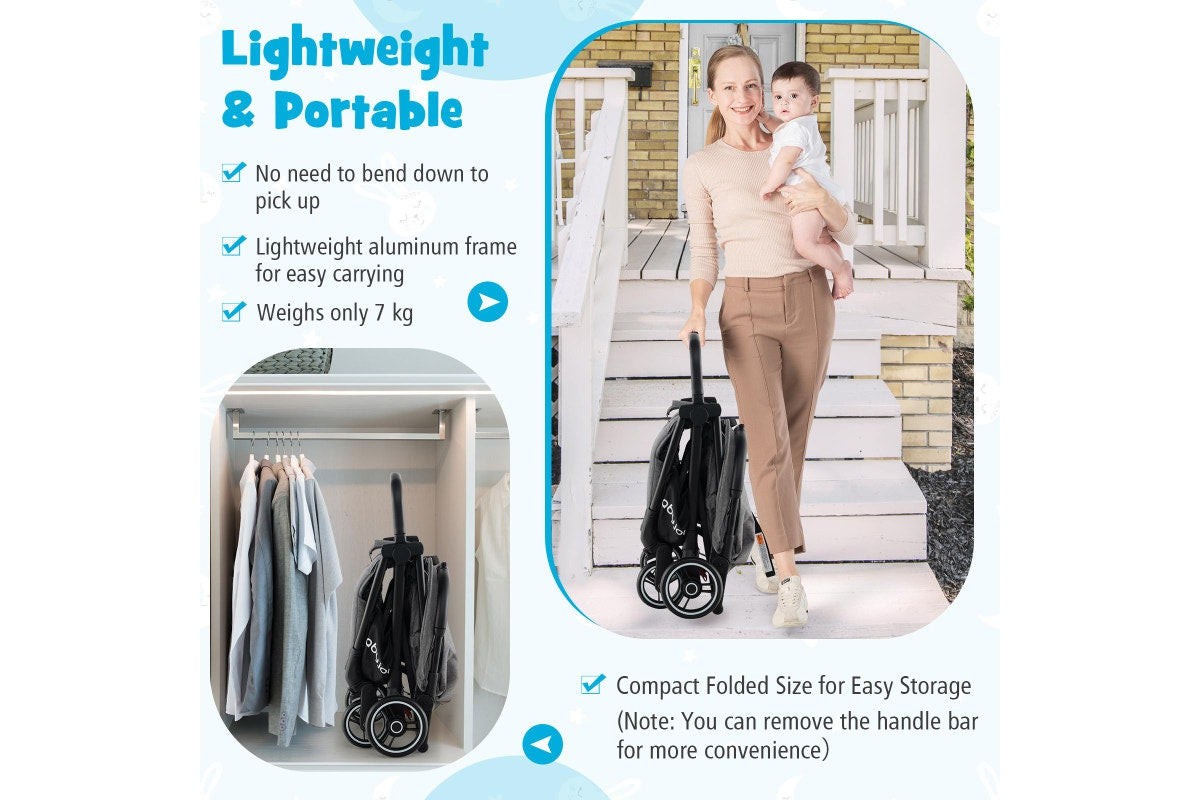 Costway Folding Stoller Portable Stroller w/Adjustable Canopy Gravity Self-Standing Dark Grey