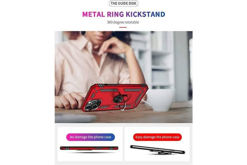 For Apple iPhone 12 Case, Military Grade 360 Degree Rotating Metal Magnetic Ring Car Mount Holder Kickstand Shockproof Heavy Duty Cover (Red)