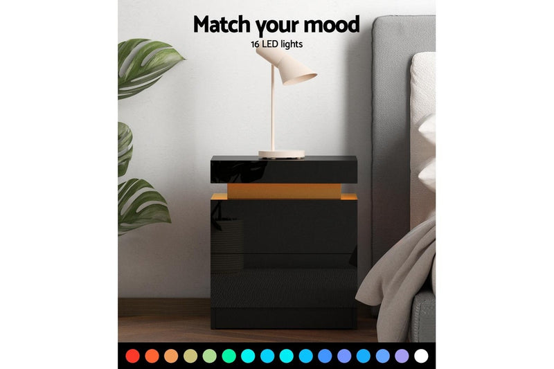 Artiss Bedside Table LED 2 Drawers Lift-up Storage - COLEY Black