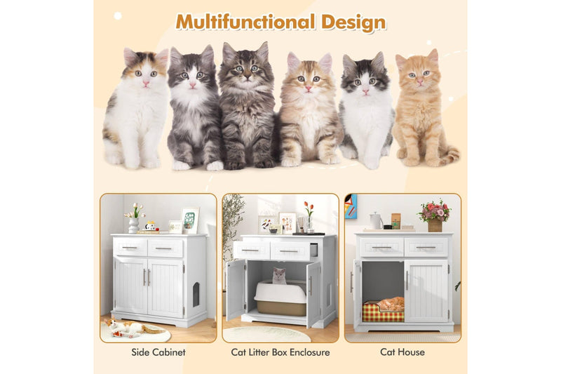 Costway Cat Litter Storage Cabinet Box Enclosure Double Door Cat House Pet House Crate Cabinet White