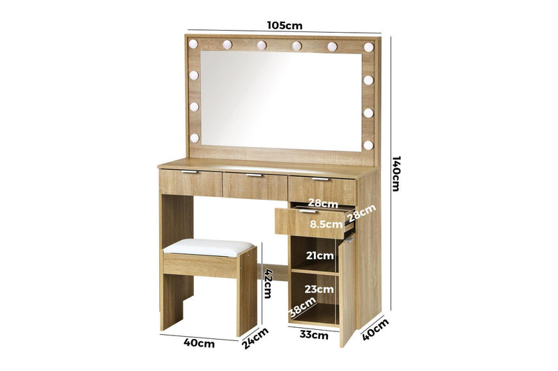 Oikiture Dressing Table Stool Set 12 LED Bulbs(Oak)