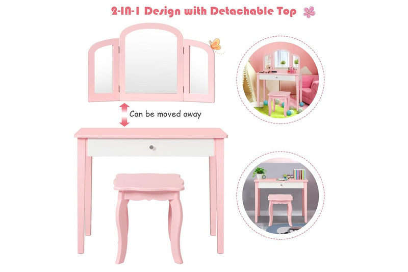 Giantex Kids Makeup Dressing Table Stool Set Mirror Princess Children Birthday Gift,Pink