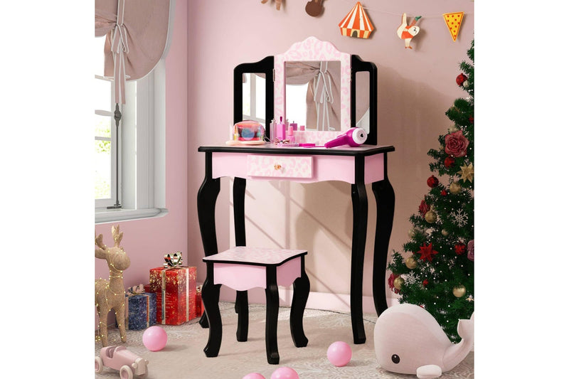 Costway Bedroom Dresser Vanity Table Stool Set w/ Tri-Folding Mirror Bedroom Furniture Pink
