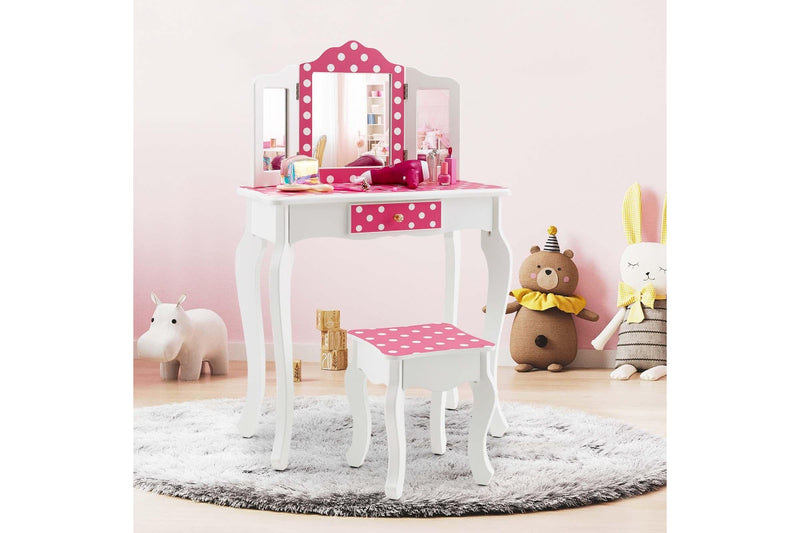 Costway Vanity Table & Chair Set Dressing Table Pretend Play Makeup Table Furniture Pink
