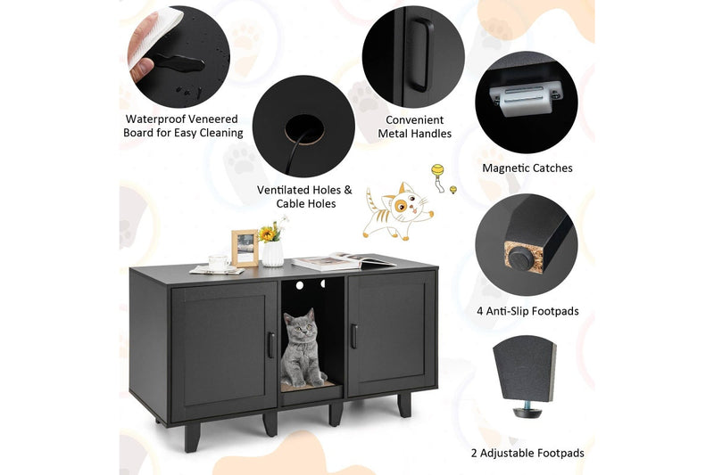 Costway Wooden Cat Litter Storage Cabinet Double Door Cat House w/Scratch Pad Black