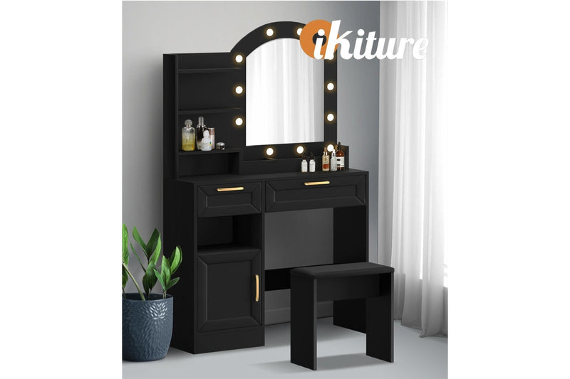 Oikiture Dressing Table Stool Set 12 LED Bulbs (Black)