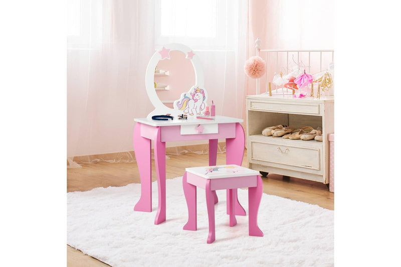 Costway Wooden Vanity Table Set Vanity Princess Makeup Dressing Table Set w/Mirror Pink