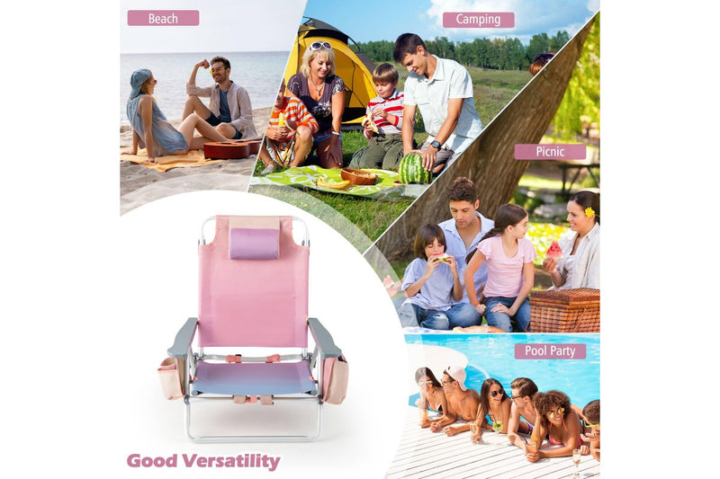 Costway 2-Pack Folding Backpack Beach Chair Portable Camping Stool w/Cup Holder Storage Pocket 5-Position Outdoor Reclining Chair