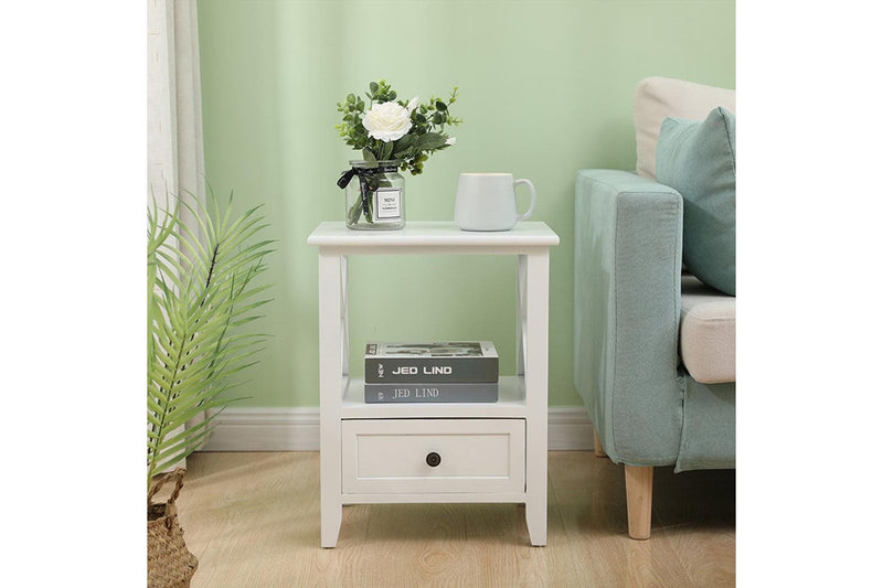 2 Tier Bedside Table With Storage Drawer Pcs Rustic White Bedside Tables