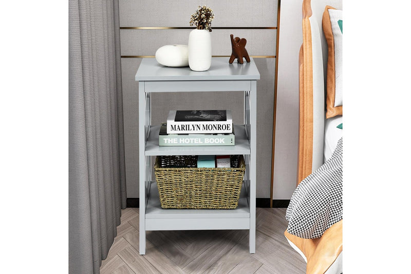 Giantex 2x 3-Tier Wood Nightstand O-Shaped Side Storage Display Shelf Sofa Side Table, Grey
