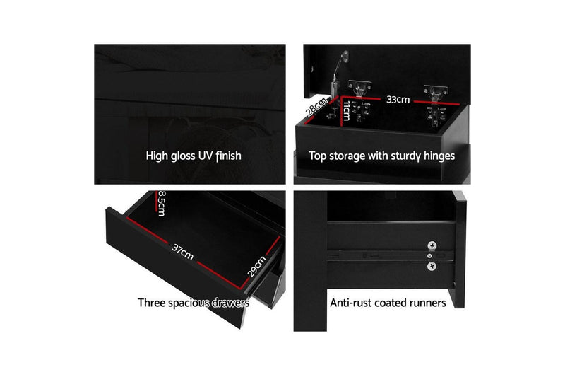 Artiss Bedside Table LED 3 Drawers - COLEY Black