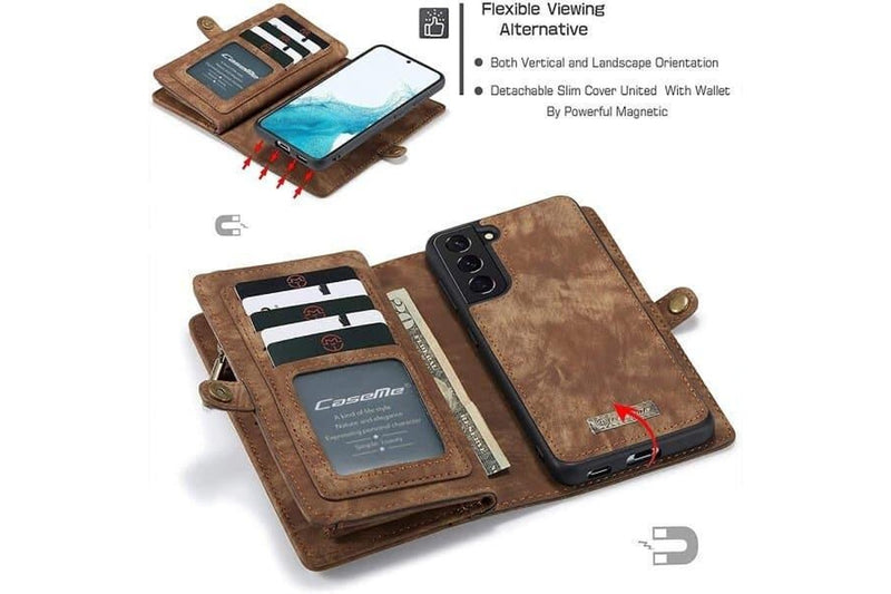 CaseMe For Samsung Galaxy S22 Zipper & Detachable Retro Leather Pouch Wallet Flip Purse Bag Detachable Phone Case Cover (Brown)