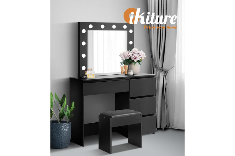 Oikiture Dressing Table Stool Set 12 LED Bulbs(Black)