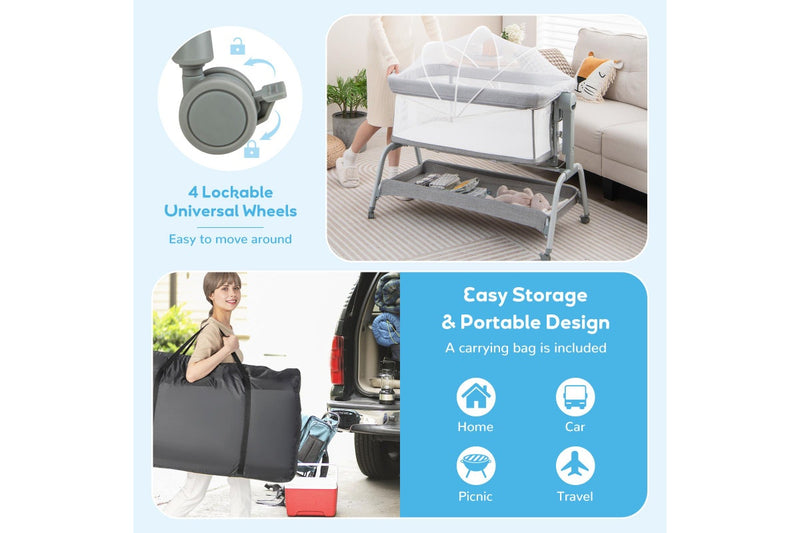 Costway 4in1 Cot Bed Mobile Bedside Sleeper Portacot Cradle w/Net & Storage Basket, Grey