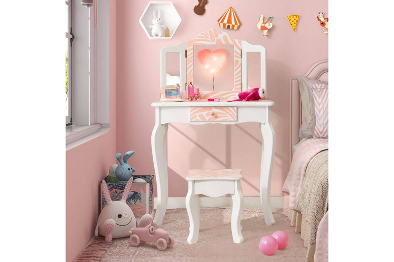 Costway 2 in 1 Dressing Table Chair Set Vanity Desk Mirror Makeup Desk Princess ren Pink