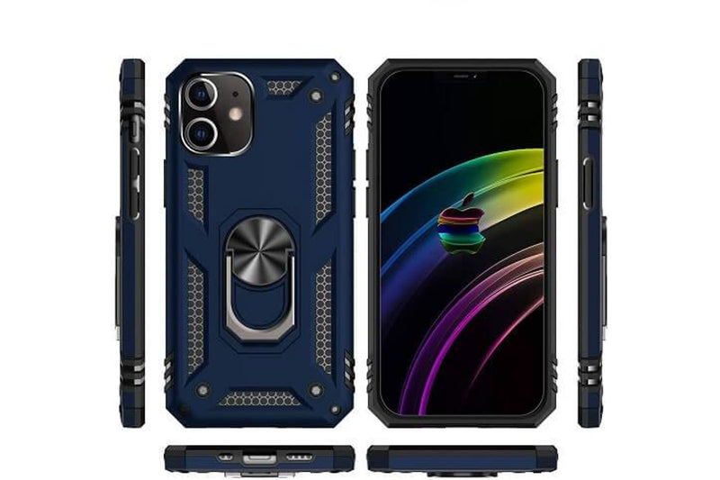 For Apple iPhone 12 Mini Case, Military Grade 360 Degree Rotating Metal Magnetic Ring Car Mount Holder Kickstand Shockproof Heavy Duty Cover (Navy Blue)