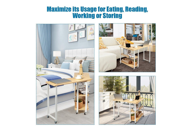 Giantex Mobile L-Shaped Side Table 360° Rotating Corner Desk w/2-Tier Storage Shelf Wood End Table Home Office Walnut