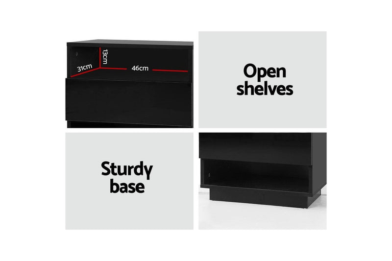 Artiss Bedside Table LED with 2 Shelves - HANA Black