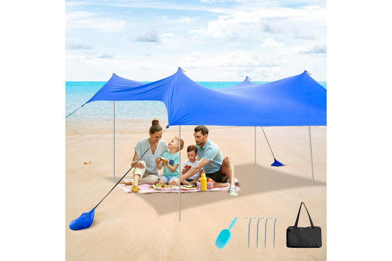 Costway Beach Sunshade Canopy UPF50+ Family Shelter Shade 3-4 Adults w/4 Poles Sandbags Peg Stakes Blue