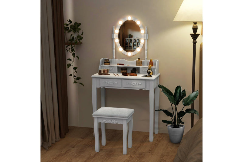 Costway Dressing Table Vanity Stool Set Makeup Table Dresser Jewellery Cabinet Mirror 4 Drawers Xmas Gift, White
