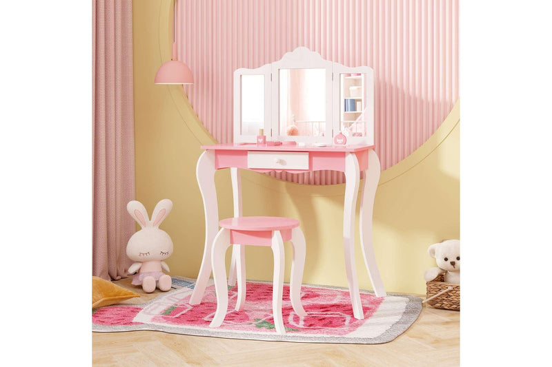Costway 2-in-1 TOP 50 Bonus Trinkets Set Vanity Table Stool Set Tri-Folding Mirror Makeup Table Princess Dressing Table w/Storage Drawer