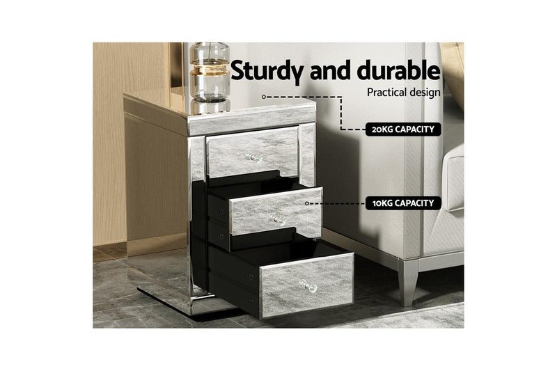 Artiss Bedside Table 3 Drawers Mirrored - PRESIA Silver