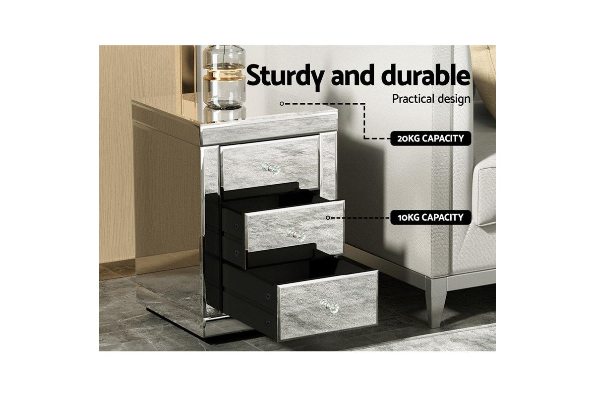 Mirrored Bedside Table Drawers Furniture Mirror Glass Presia Silver