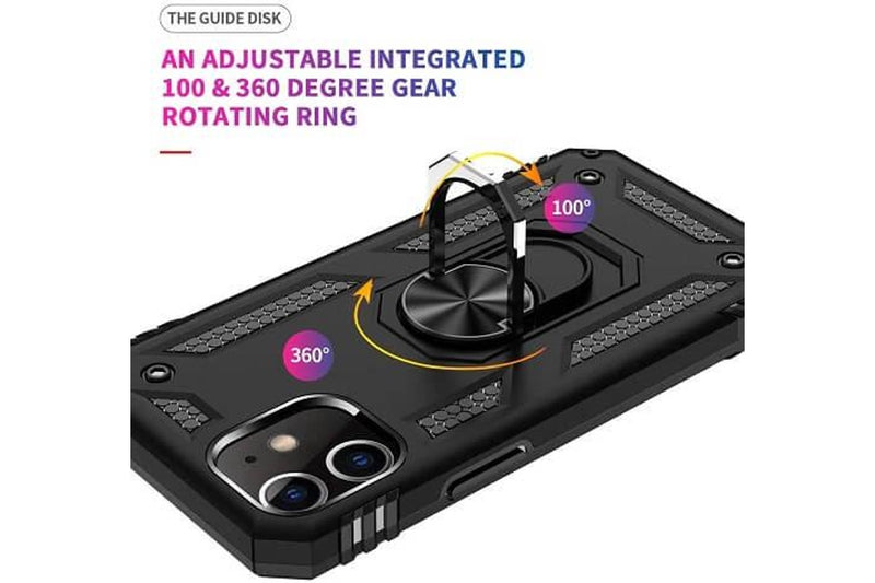 For Apple iPhone 12 Pro Case, Military Grade 360 Degree Rotating Metal Magnetic Ring Car Mount Holder Kickstand Shockproof Heavy Duty Cover (Black)