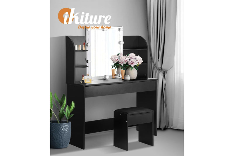 Oikiture Dressing Table Stool Mirror 10 LED Bulbs(Black)