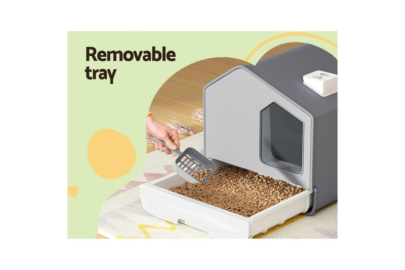 i.Pet Cat Litter Box Large Tray Kitty Toilet Fully Enclosed House Hooded Scoop Mat Grey