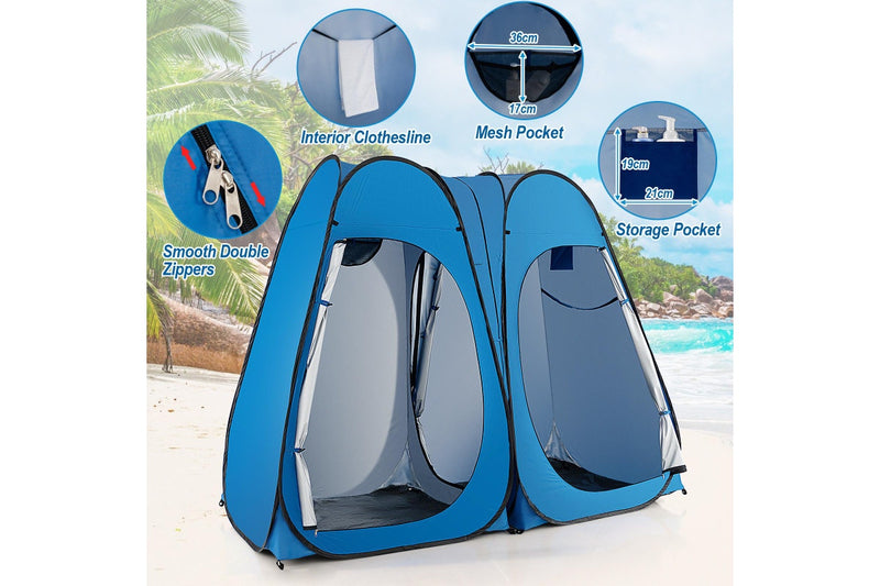 Costway 2-Room Pop Up Shower Tent Outdoor Camping Portable Change Room Privacy Shelter w/Carrying Bag Blue