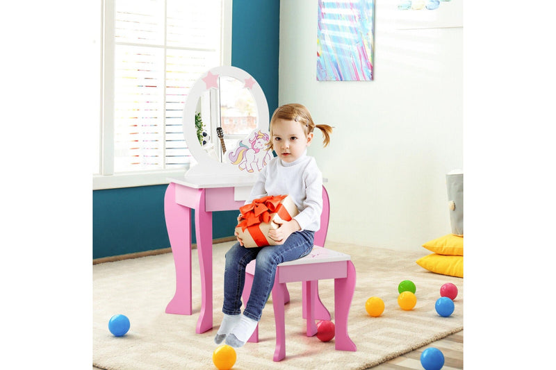 Giantex Kids Vanity Table & Chair Set Princess Makeup Dressing Table w/Mirror & Stool 2 in 1 Vanity Set Writing Desk
