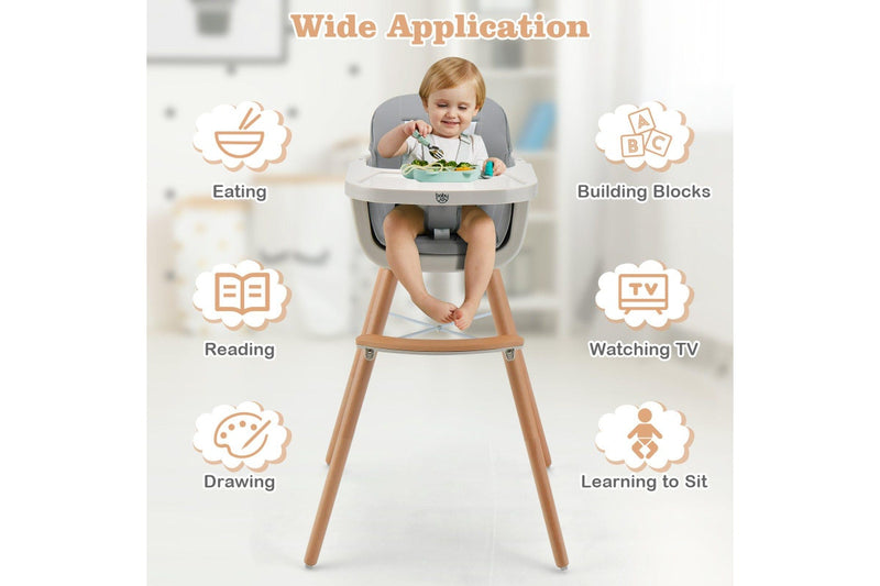 Costway 3-In-1 High Chair Feeding Chair Wood Eating Dining Chair Adjustable Tray & Footrest Grey