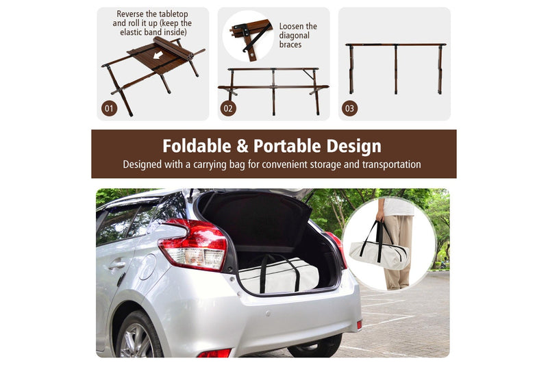 Costway Portable Egg Roll Camping Table Folding Bamboo Picnic Table Camping table Outdoor w/Carry Bag Brown