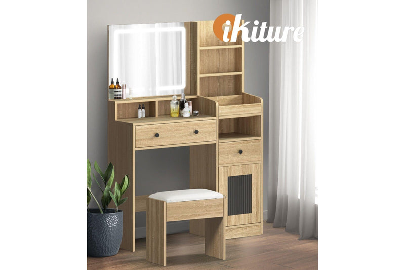 Oikiture Dressing Table Stool Set LED Light (Natural)