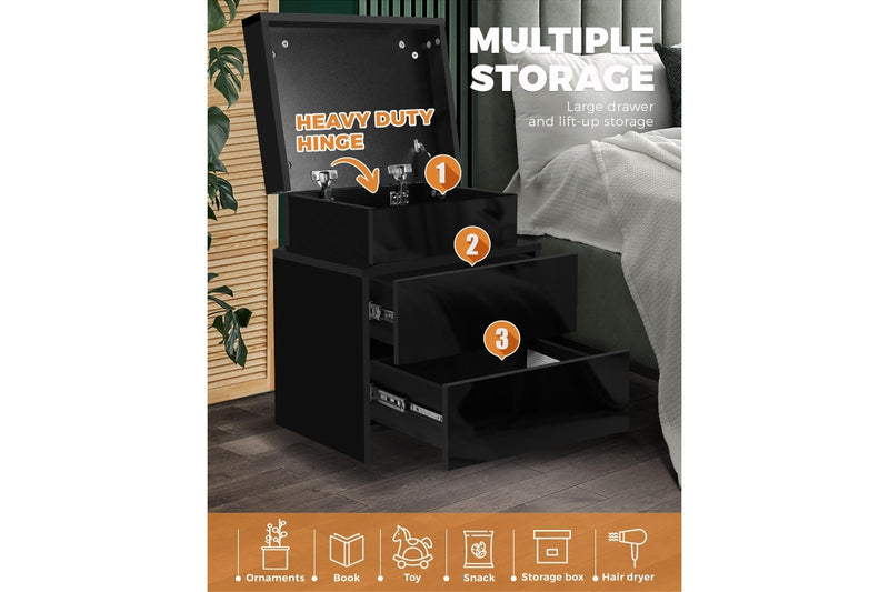 Oikiture Bedside Table RGB LED 2 Drawers Black