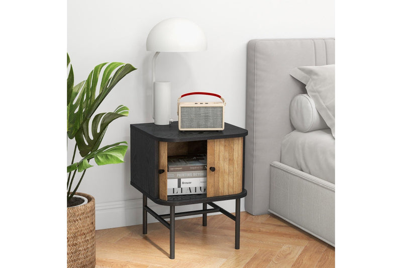 Giantex Modern Nightstand Bedside Storage Table w/Sliding Doors & Metal Legs Floor Side Table Bedroom Living Room Black