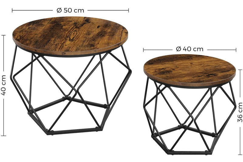 Set of 2 Side Tables Robust Steel Frame, Rustic Brown and Black