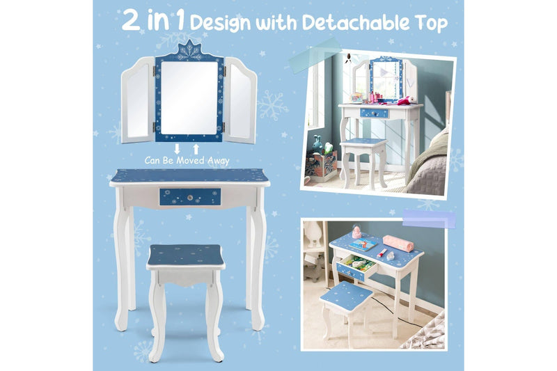 Costway Dressing Table Vanity Table & Stool Set Princess ren Gift Furniture Blue