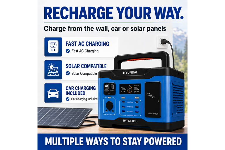 Hyundai 1000W Lithium Power Station - LiFePO4, Solar Input, 921Wh Backup & Outdoor Power