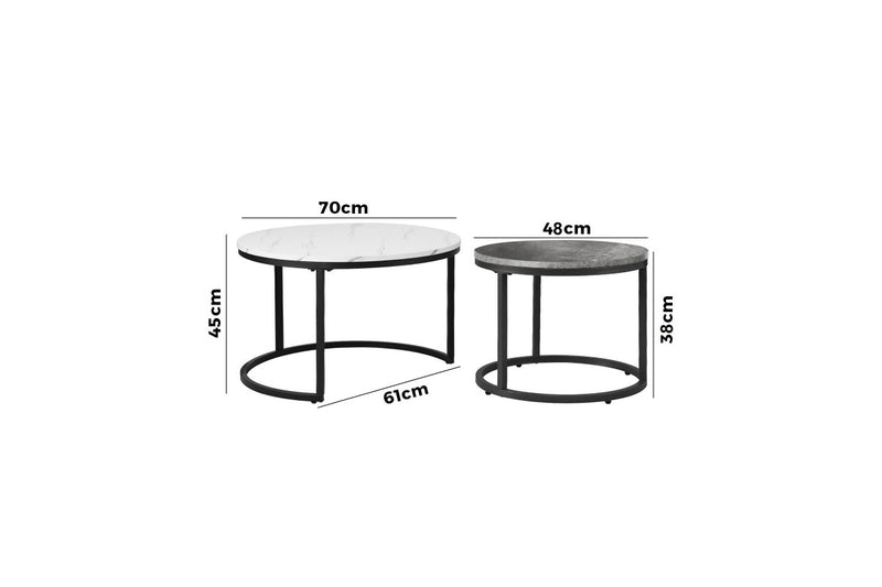 Set of 2 Coffee Table Round Marble Nesting Side End Table Furniture