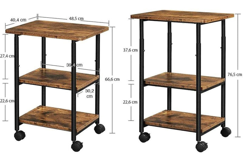 Adjustable Rustic Brown and Black 3-Tier Machine Cart with Wheels - OPS003B01