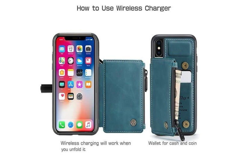 For Apple iPhone X / XS CaseMe Back Zipper Wallet Case W/ 3 Card Slots, RFID Blocking, 1 Money Pocket, Credit Card Holder Leather Cover (Teal Blue)