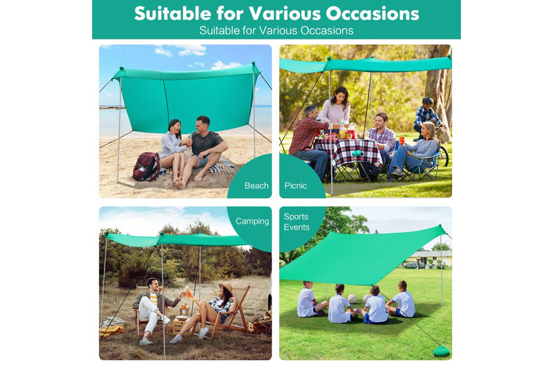 Costway Beach Sunshade Canopy UPF50+ Family Shelter Shade 3-4 Adults w/4 Poles Sandbags Peg Stakes Turquoise