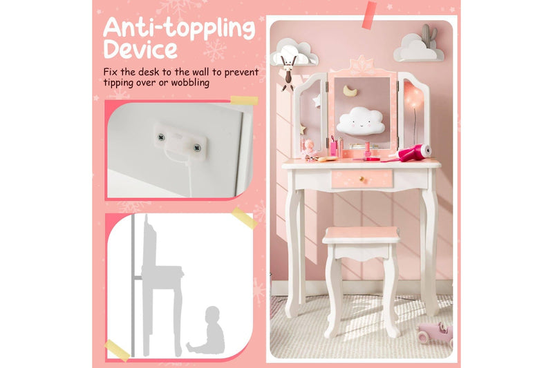 Costway Tri-Folding Mirror Vanity Table Writing Desk Durable Bedroom Furniture Pink