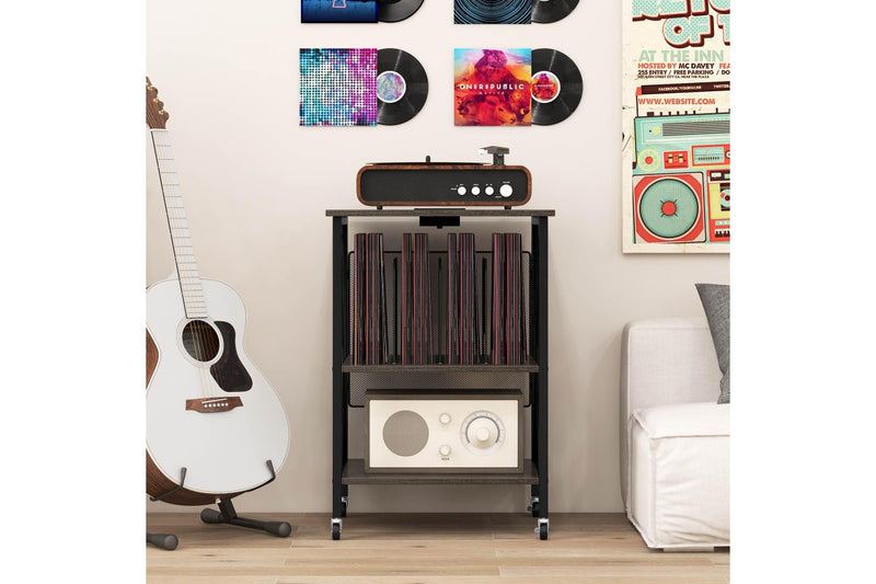 Giantex Record Player Stand Storage Rack w/Charging Station Bedside Table Grey