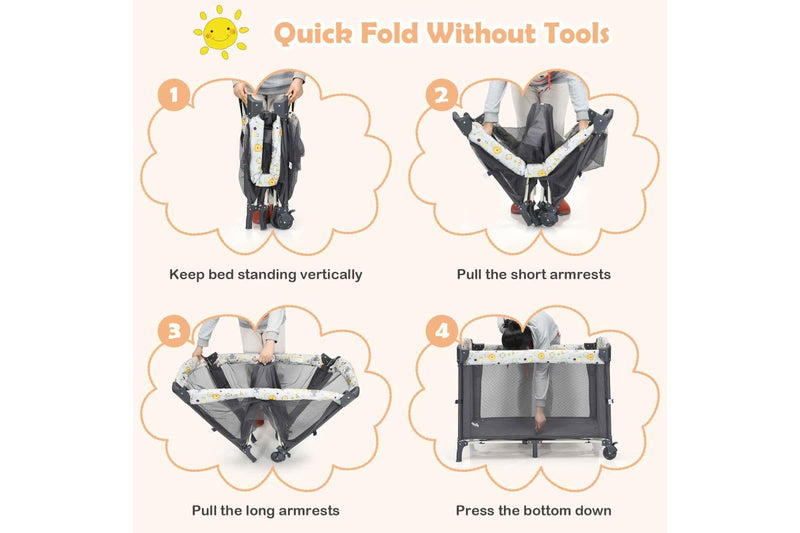 Costway 4-IN-1 Portable Travel Cot Portacot kid Co Sleeper Bedside Bassinet Playpen Cradle Adjustable Height w/Mattress &Toy Rack