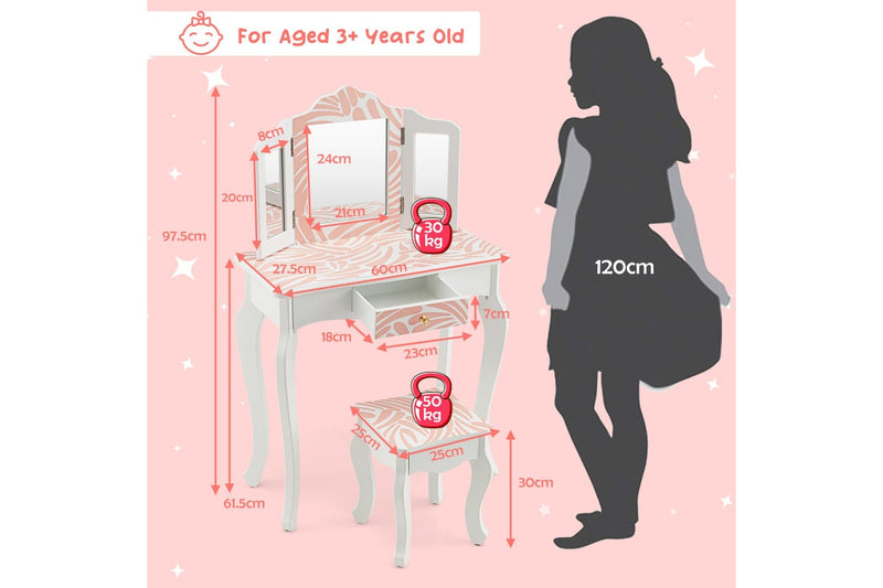 Giantex 2 in 1 Kids Vanity Table Set Toddler Pretend Play Makeup Dressing Table w/Mirror & Stool Writing Desk
