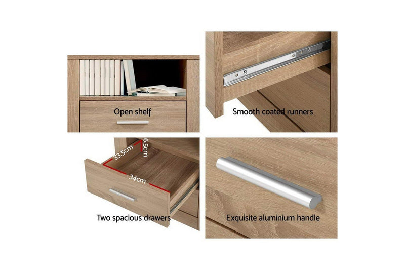 Artiss Bedside Table 2 Drawers with Shelf - TARA Oak