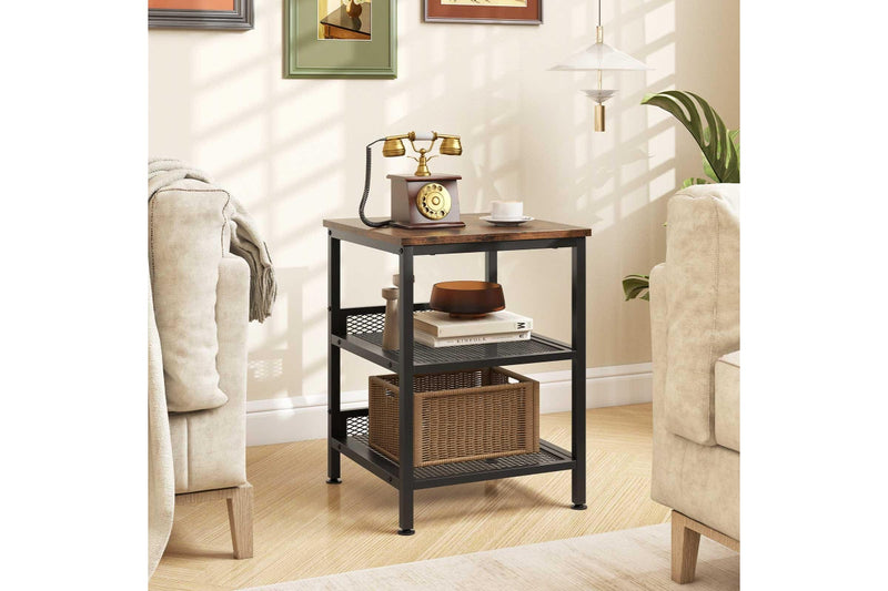 Giantex 3-Tier Sofa Side Table Industrial Nightstand Square End Table w/Storage Shelves Rustic Brown
